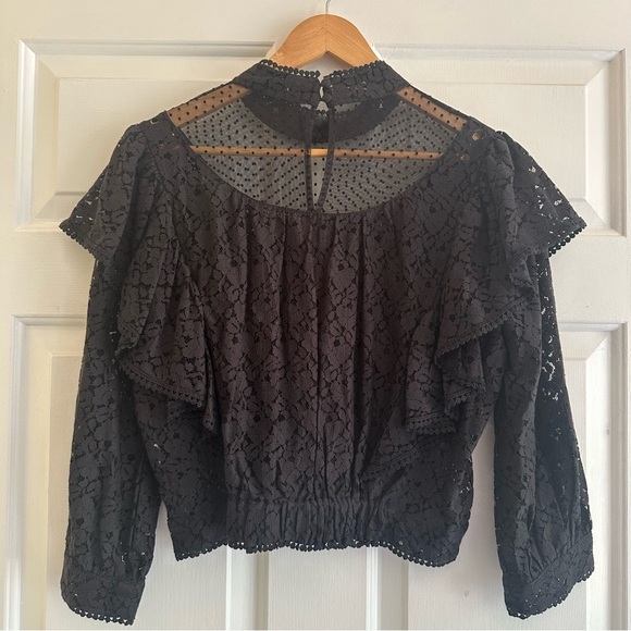 French Connection Inna Lace Ruffled Top Black Sheer Polka Dot Size S Whimsigoth - Picture 6 of 7